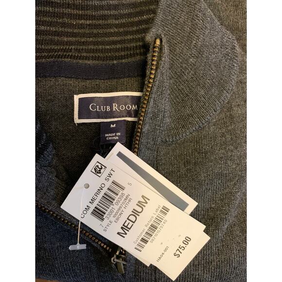 Club Room Charcoal Grey Quarter Zip Merino Wool Blend Sweater Size M NWT - Picture 5 of 8